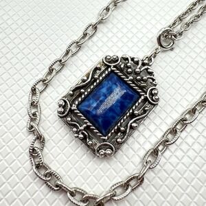 70s Sarah Coventry 1973 Roman Holiday Silver Tone Necklace w/ Blue Pendant